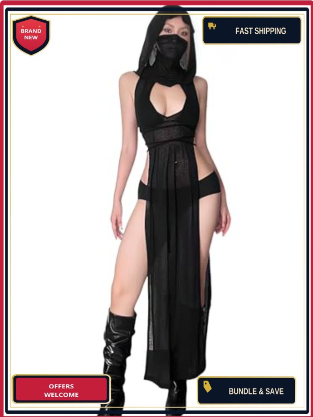 Women's High Split Hooded Maxi Dress Rave Festival Cosplay